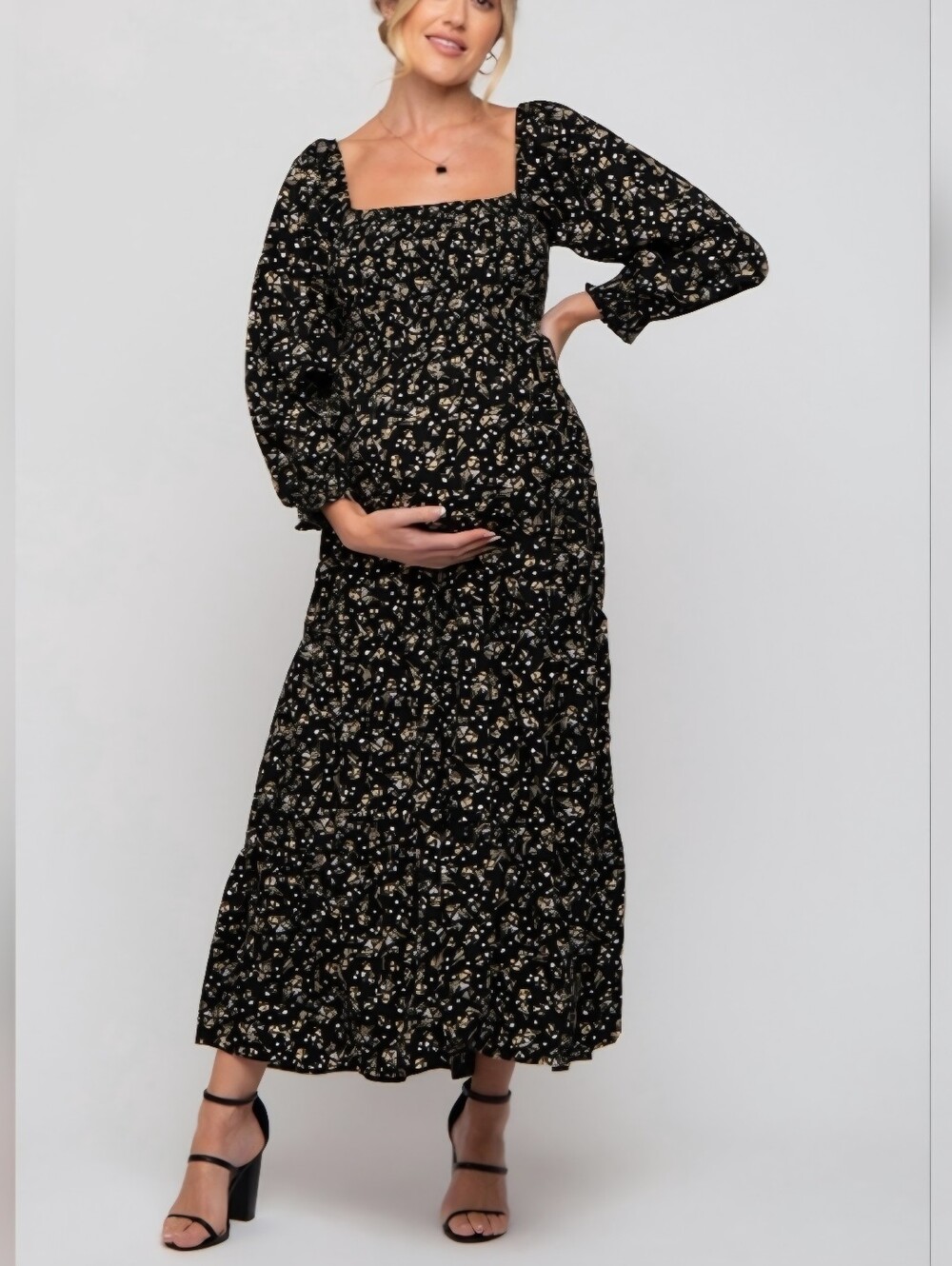 Black Floral Maxi Dress with Square Neck